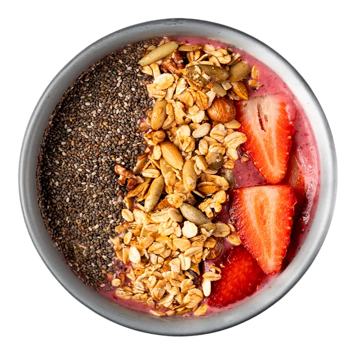Ver foto de Smothie Bowl de Frutos Rojos
Batido de fresa, frambuesa y plátano, con leche
vegetal y yogurt.